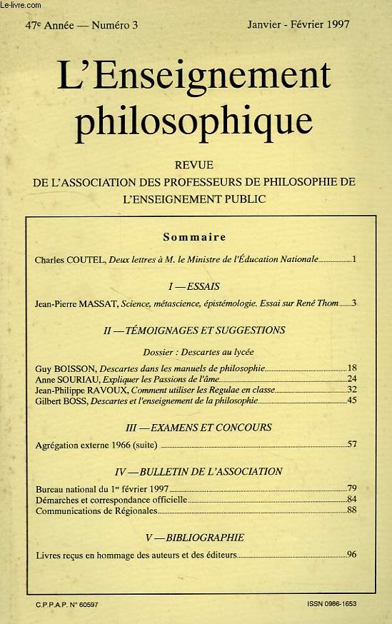 REVUE DE L'ENSEIGNEMENT PHILOSOPHIQUE, 47e ANNEE, N 3, JAN.-FEV. 1997