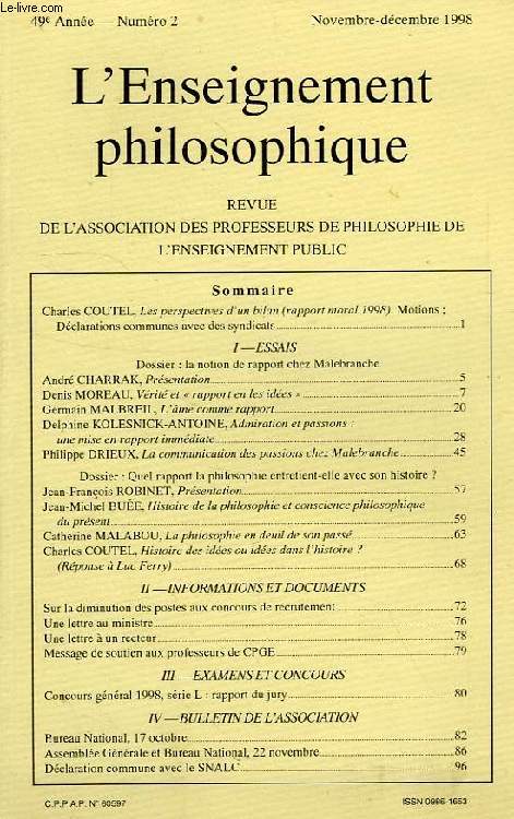REVUE DE L'ENSEIGNEMENT PHILOSOPHIQUE, 49e ANNEE, N 2, NOV.-DEC. 1998