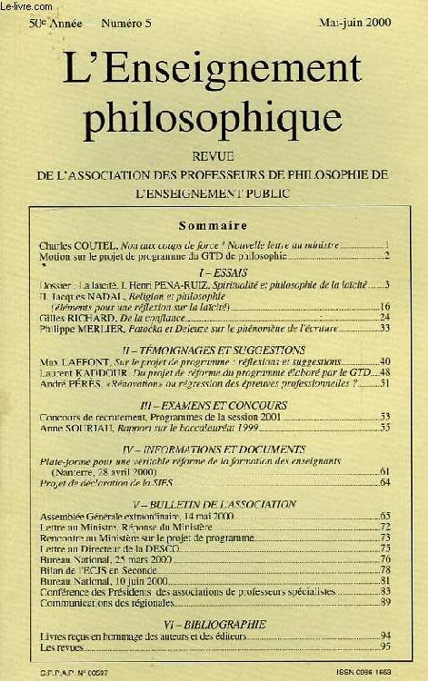 REVUE DE L'ENSEIGNEMENT PHILOSOPHIQUE, 50e ANNEE, N 5, MAI-JUIN 2000