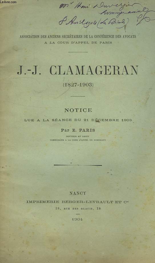 J.-J. CLAMAGERAN (1827-1903), NOTICE LUE A LA SEANCE DU 21 DEC. 1903