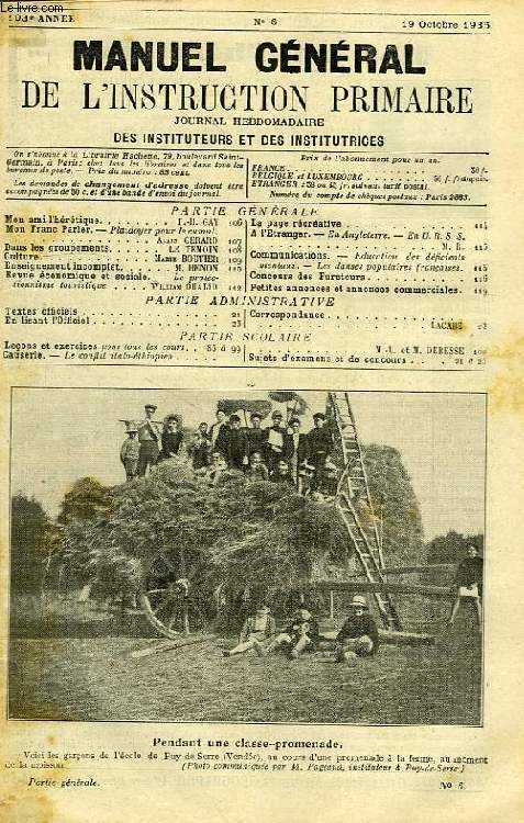 MANUEL GENERAL DE L'INSTRUCTION PRIMAIRE, 103e ANNEE, N 6, 19 OCT. 1935