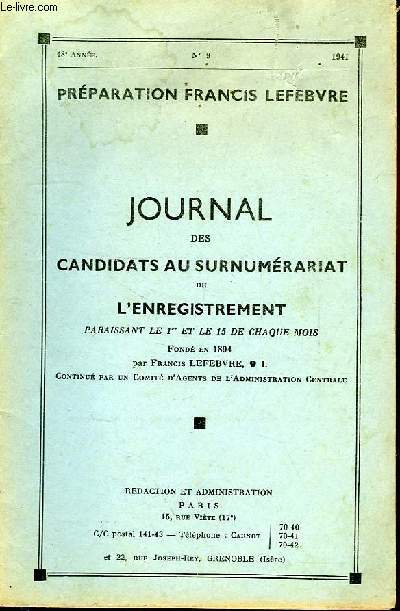 JOURNAL DES CANDIDATS AU SURNUMERARIAT DE L'ENREGISTREMENT, 48e ANNEE, N 9, 1er DEC. 1941
