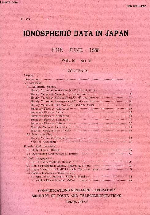 IONOSPHERIC DATA IN JAPAN, FOR JUNE 1988, VOL. 40, N 6 (F-474)