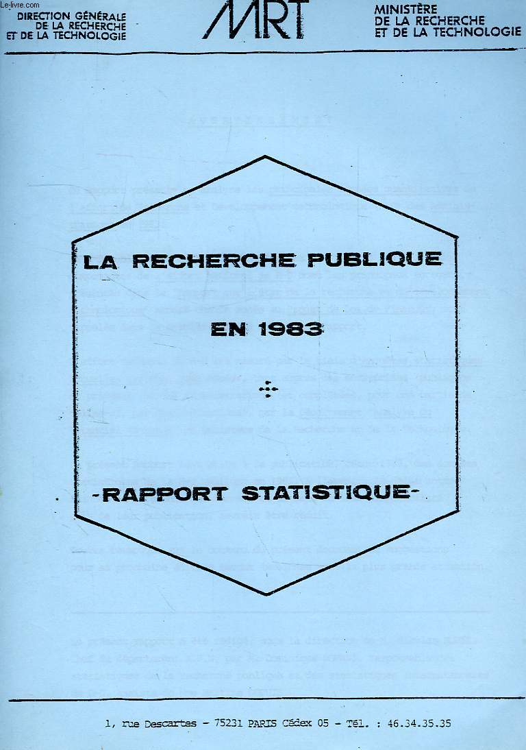 LA RECHERCHE PUBLIQUE EN 1983, RAPPORT STATISTIQUE