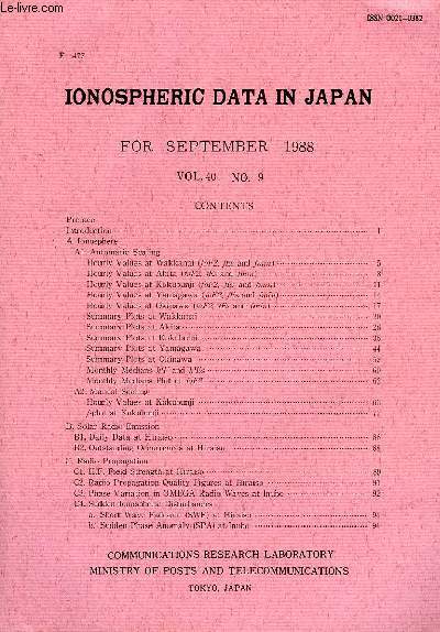 IONOSPHERIC DATA IN JAPAN, FOR SEPT. 1988, VOL. 40, N 9 (F-477)
