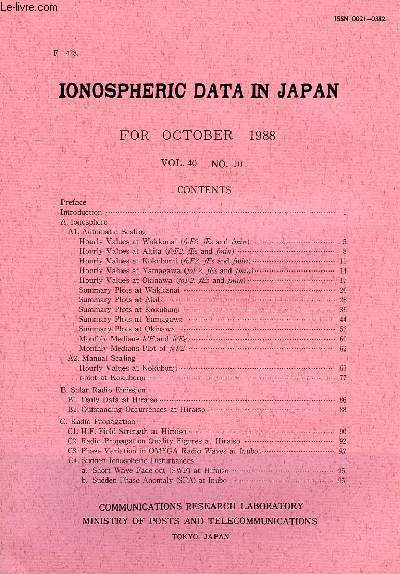 IONOSPHERIC DATA IN JAPAN, FOR OCT. 1988, VOL. 40, N 10 (F-478)