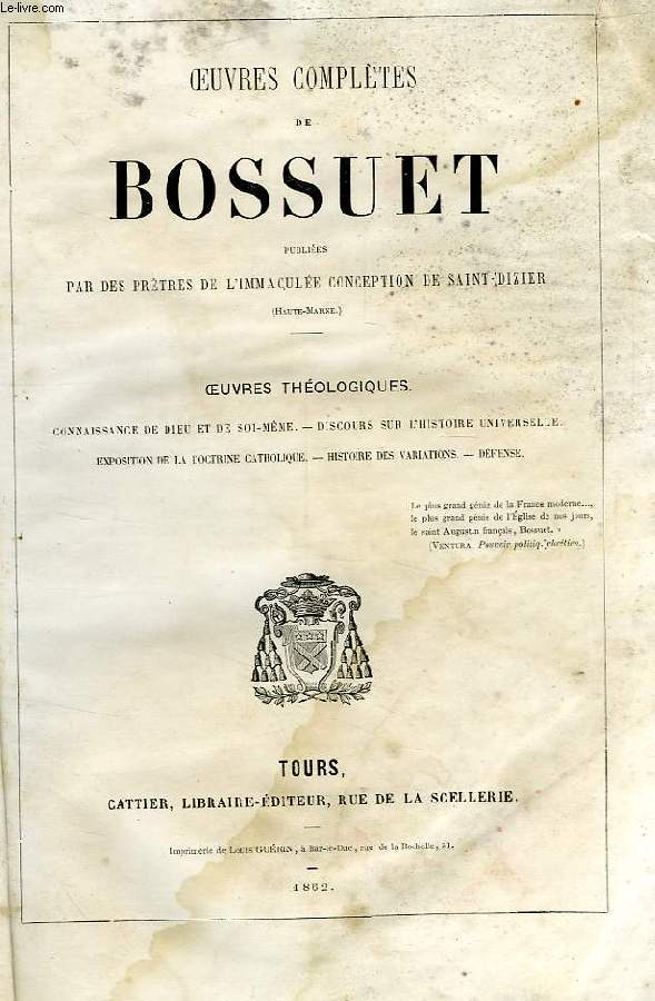OEUVRES COMPLETES DE BOSSUET, OEUVRES THEOLOGIQUES