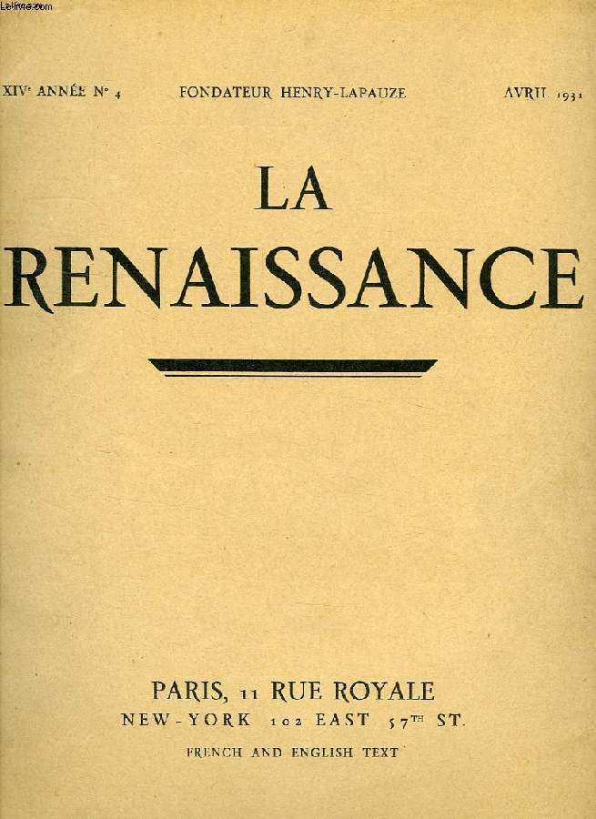 LA RENAISSANCE, XIVe ANNEE, N 4, AVRIL 1931