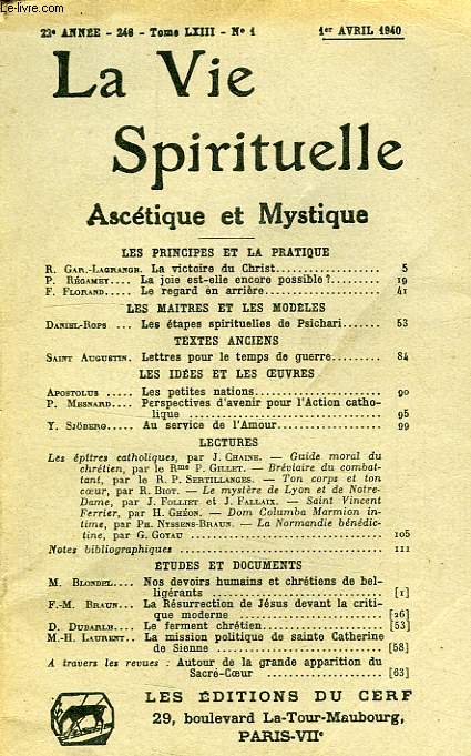 LA VIE SPIRITUELLE, ASCETIQUE ET MYSTIQUE, 22e ANNEE, 246, TOME LXIII, N 1, AVRIL 1940