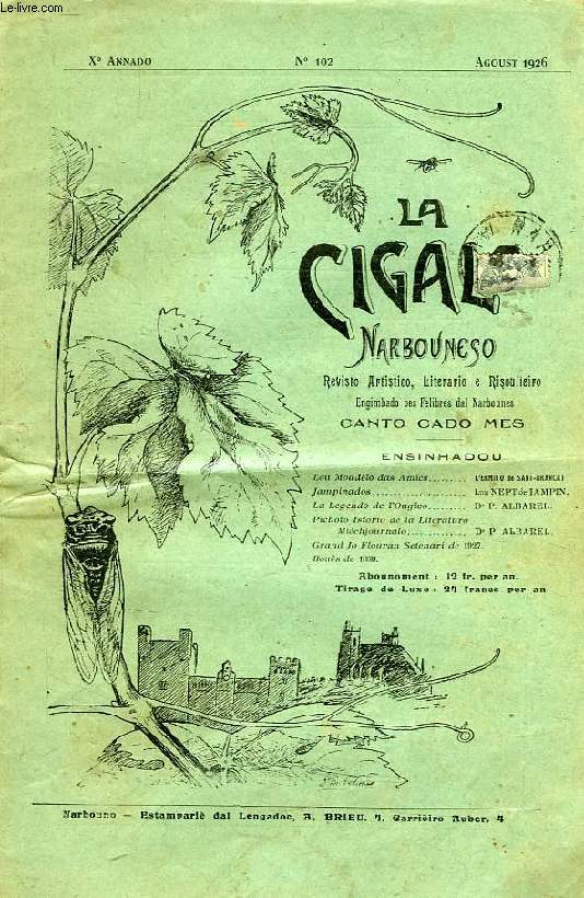 LA CIGALE, NARBOUNESCO, X ANNADO, N 102, AGOUST 1926