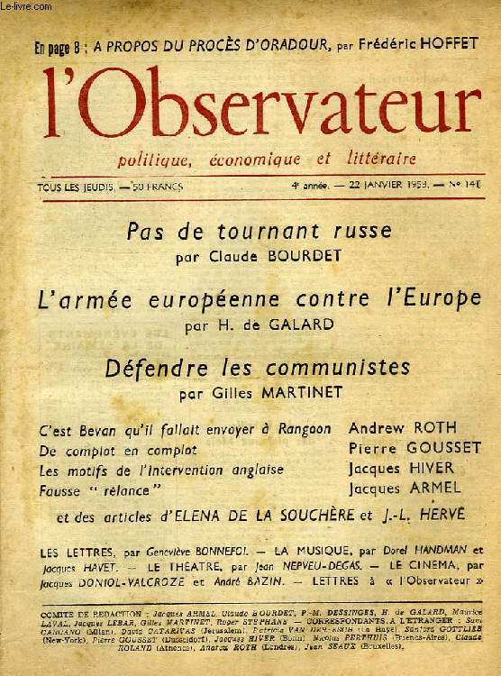 L'OBSERVATEUR POLITIQUE, ECONOMIQUE, LITTERAIRE, 4e ANNEE, N 141, 22 JAN. 1953