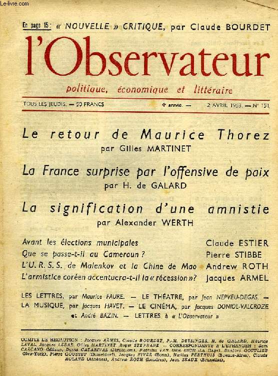 L'OBSERVATEUR POLITIQUE, ECONOMIQUE, LITTERAIRE, 4e ANNEE, N 151, 2 AVRIL 1953