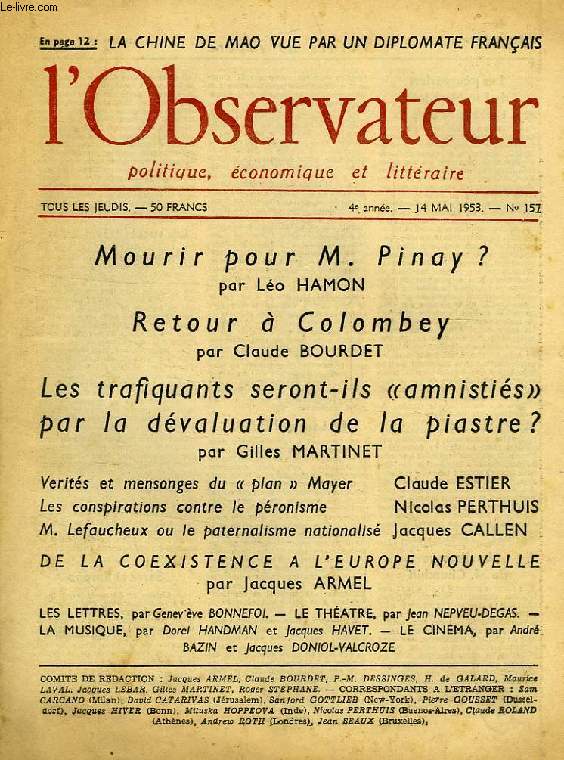 L'OBSERVATEUR POLITIQUE, ECONOMIQUE, LITTERAIRE, 4e ANNEE, N 157, 14 MAI 1953