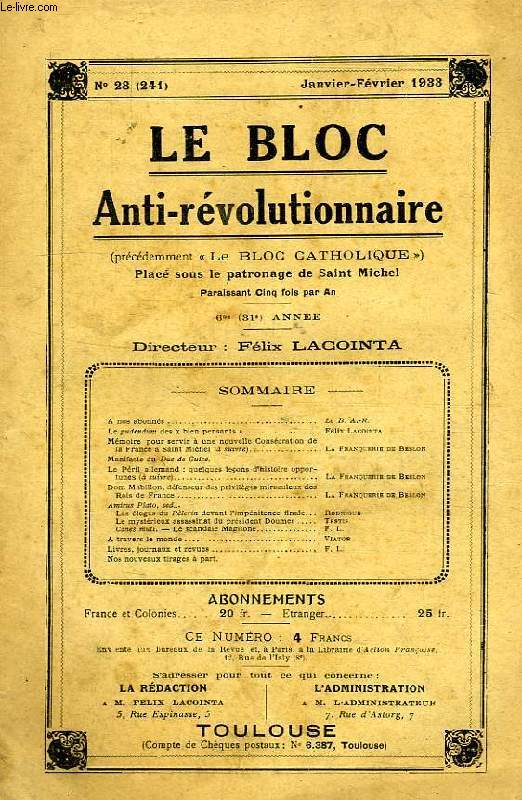 LE BLOC ANTI-REVOLUTIONNAIRE, 6e (31e ANNEE), N 28 (241), JAN.-FEV. 1933