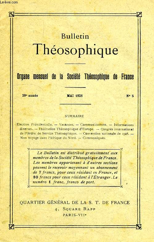 BULLETIN THEOSOPHIQUE, 29e ANNEE, N 5, MAI 1928
