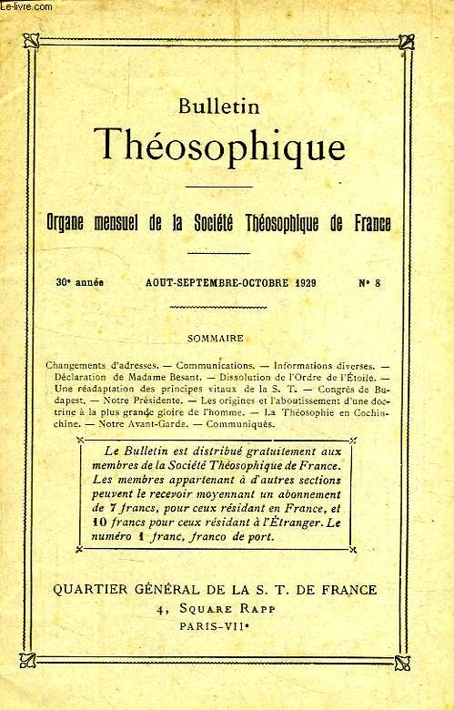 BULLETIN THEOSOPHIQUE, 30e ANNEE, N 8, AOUT-OCT. 1929