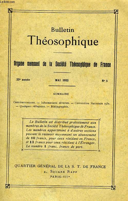 BULLETIN THEOSOPHIQUE, 33e ANNEE, N 5, MAI 1932