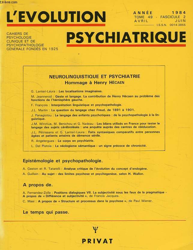 L'EVOLUTION PSYCHIATRIQUE, TOME 49, FASC. 2, AVRIL-JUIN 1984