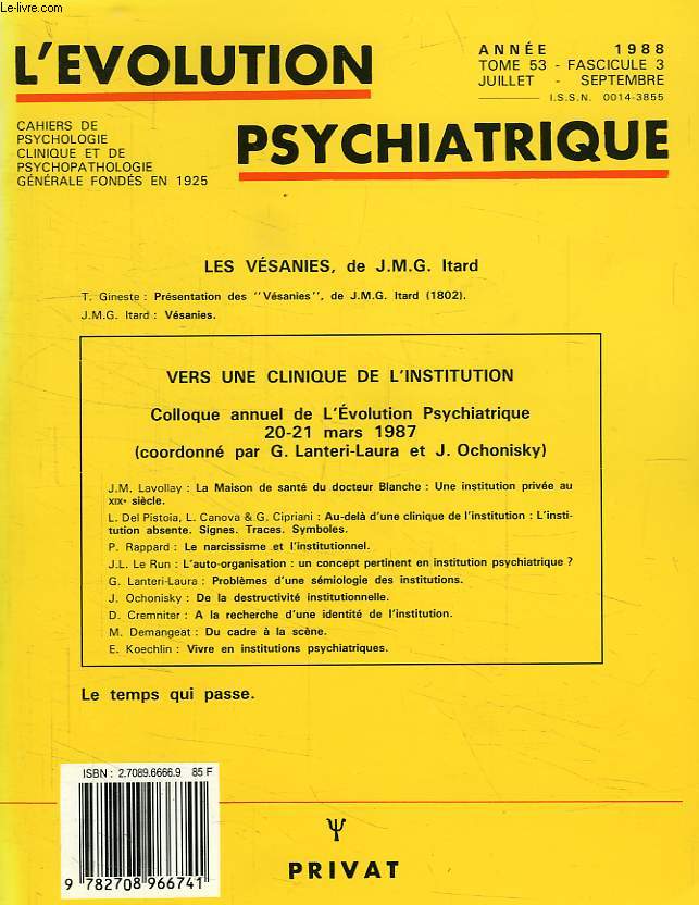 L'EVOLUTION PSYCHIATRIQUE, TOME 53, FASC. 3, JUILLET-SEPT. 1988