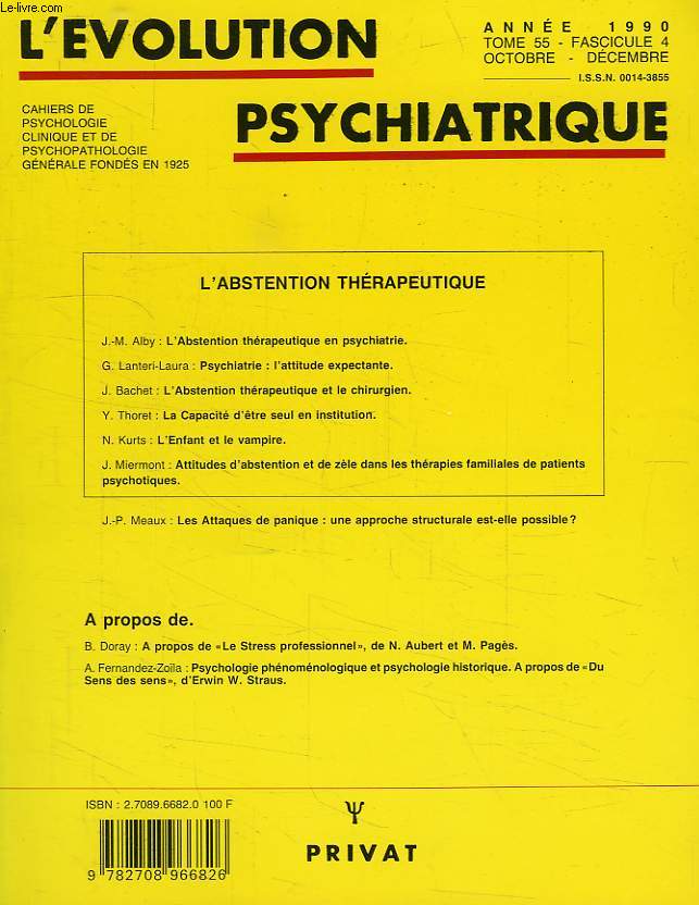 L'EVOLUTION PSYCHIATRIQUE, TOME 55, FASC. 4, OCT.-DEC. 1990