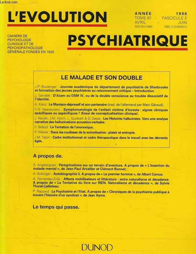 L'EVOLUTION PSYCHIATRIQUE, TOME 61, FASC. 2, AVRIL-JUIN 1996