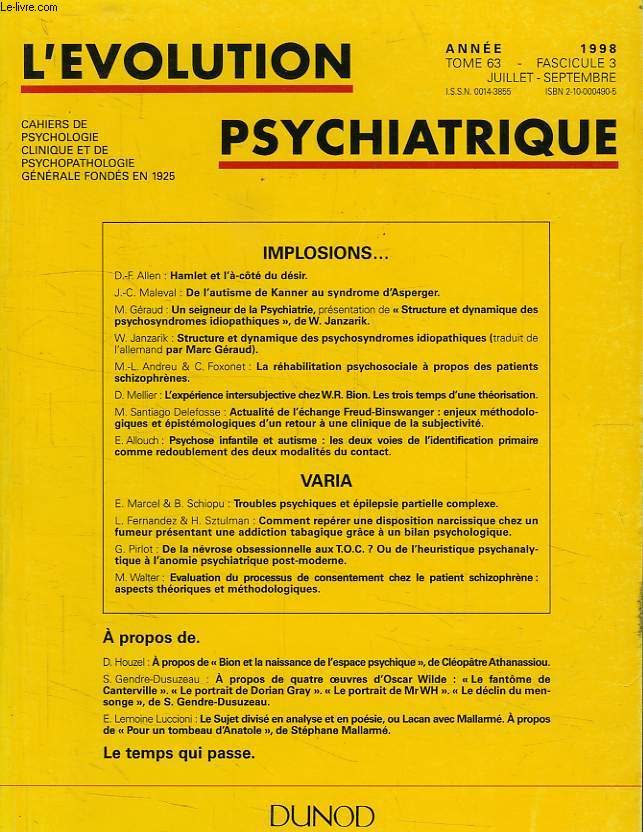 L'EVOLUTION PSYCHIATRIQUE, TOME 63, FASC. 3, JUILLET-SEPT. 1998
