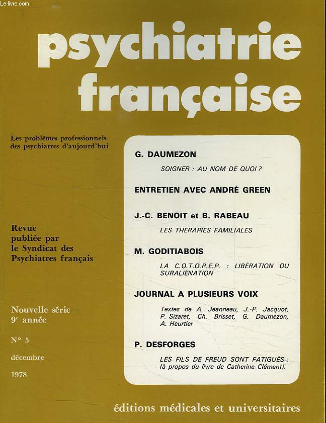 PSYCHIATRIE FRANCAISE, NOUVELLE SERIE, 9e ANNEE, N 5, DEC. 1978