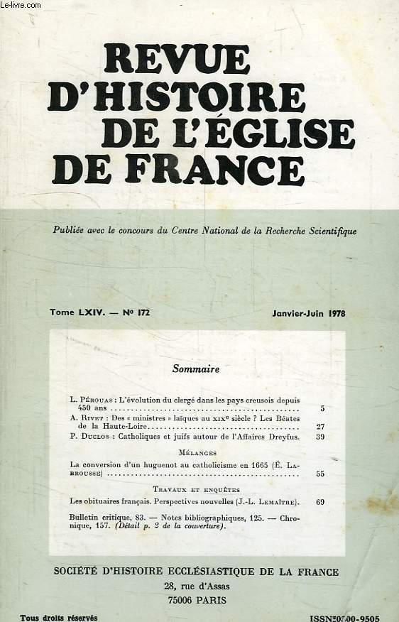 REVUE D'HISTOIRE DE L'EGLISE DE FRANCE, TOME LXIV, N 172, JAN.-JUIN 1978