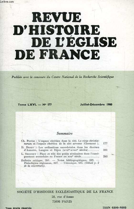 REVUE D'HISTOIRE DE L'EGLISE DE FRANCE, TOME LXVI, N 177, JUILLET-DEC. 1981