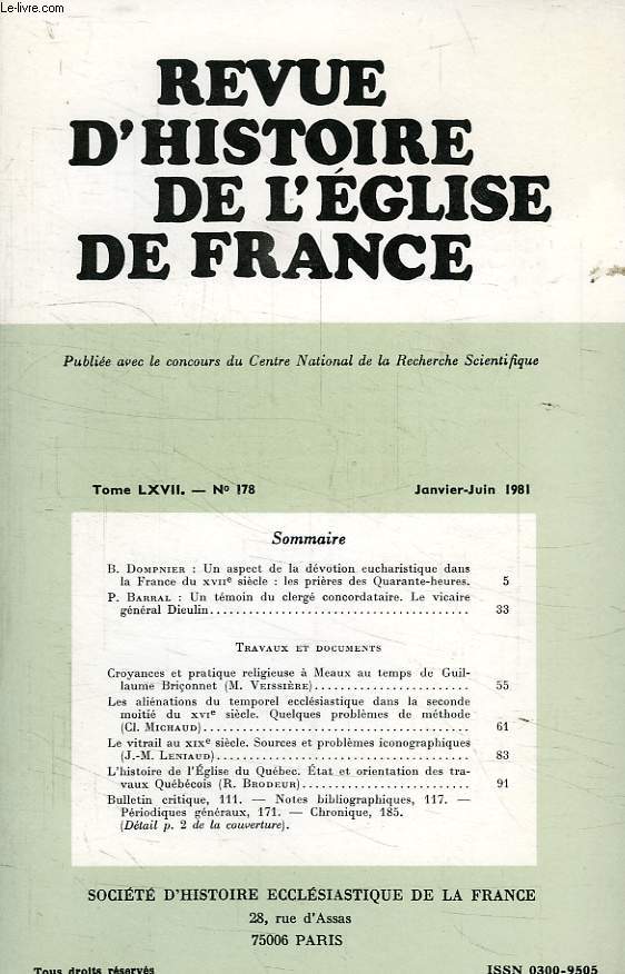 REVUE D'HISTOIRE DE L'EGLISE DE FRANCE, TOME LXVII, N 178, JAN.-JUIN 1981