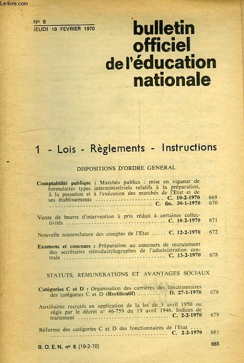 BULLETIN OFFICIEL DE L'EDUCATION NATIONALE, N 8, FEV. 1970