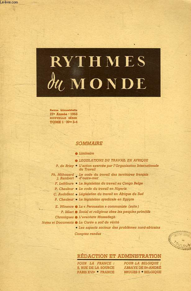RYTHMES DU MONDE, 27e ANNEE, NOUVELLE SERIE, N 3-4, 1953