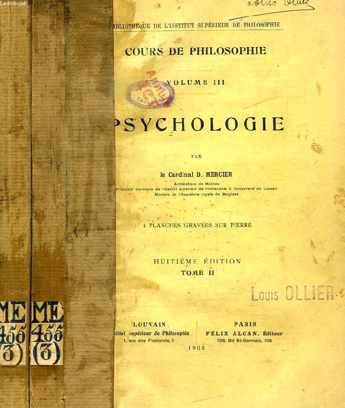 COURS DE PHILOSOPHIE, VOLUME III, PSYCHOLOGIE, 2 TOMES
