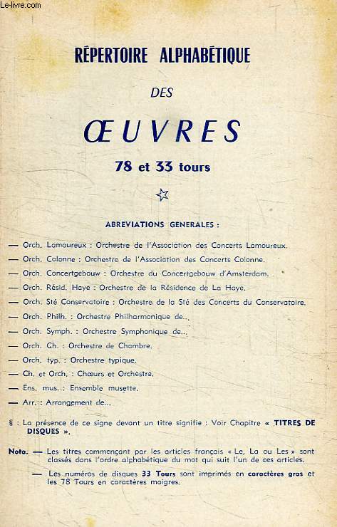 REPERTOIRE ALPHABETIQUE DES OEUVRES 78 ET 33 TOURS