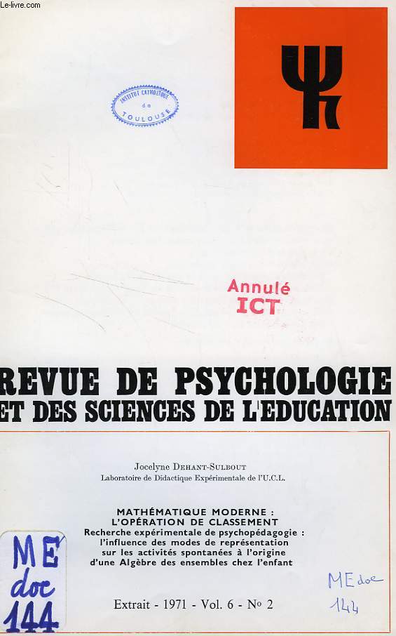 REVUE DE PSYCHOLOGIE ET DES SCIENCES DE L'EDUCATION, VOL. 6, N 2, 1971, EXTRAIT, MATHEMATIQUE MODERNE: L'OPERATION DE CLASSEMENT