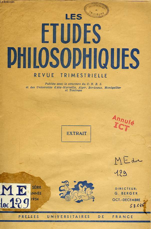 LES ETUDES PHILOSOPHIQUES, NOUVELLE SERIE, OCT.-DEC. 1954, EXTRAIT, UNE PHILOSOPHIE DE LA DISTANCE