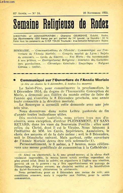 SEMAINE RELIGIEUSE DE RODEZ, N 34, NOV. 1953