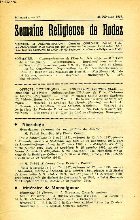 SEMAINE RELIGIEUSE DE RODEZ, N 8, FEV. 1954