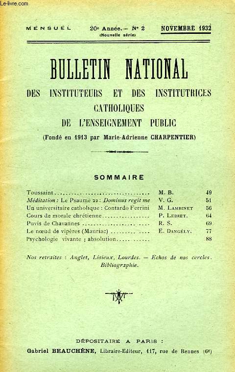 BULLETIN NATIONAL DES INSTITUTEURS ET DES INSTITUTRICES CATHOLIQUES DE L'ENSEIGNEMENT PUBLIC, 20e ANNEE, N 2, NOV. 1932