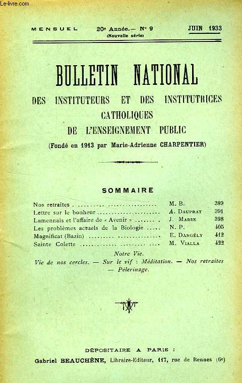 BULLETIN NATIONAL DES INSTITUTEURS ET DES INSTITUTRICES CATHOLIQUES DE L'ENSEIGNEMENT PUBLIC, 20e ANNEE, N 9, JUIN 1933