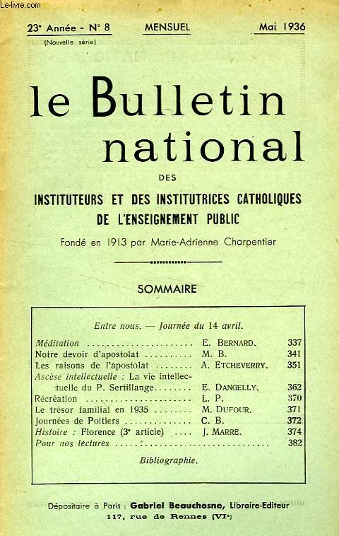 BULLETIN NATIONAL DES INSTITUTEURS ET DES INSTITUTRICES CATHOLIQUES DE L'ENSEIGNEMENT PUBLIC, 23e ANNEE, N 8, MAI 1936