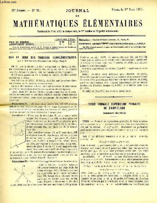 JOURNAL DE MATHEMATIQUES ELEMENTAIRES, 37e ANNEE, N 11, 1er MARS 1913
