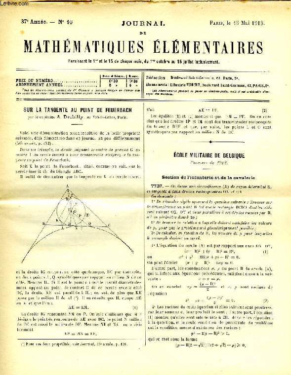 JOURNAL DE MATHEMATIQUES ELEMENTAIRES, 37e ANNEE, N 16, 15 MAI 1913