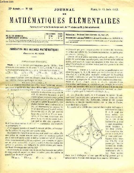 JOURNAL DE MATHEMATIQUES ELEMENTAIRES, 37e ANNEE, N 18, 15 JUIN 1913