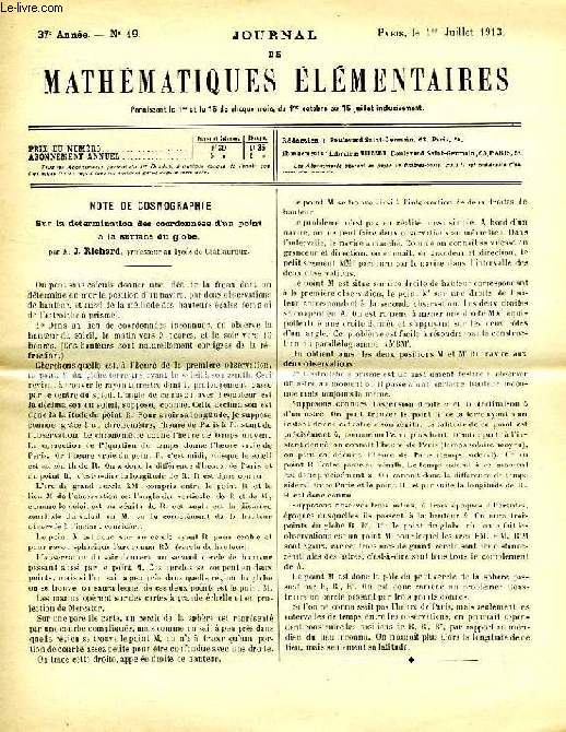 JOURNAL DE MATHEMATIQUES ELEMENTAIRES, 37e ANNEE, N 19, 1er JUILLET 1913