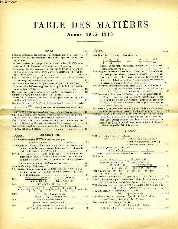 JOURNAL DE MATHEMATIQUES ELEMENTAIRES, 37e ANNEE, TABLE DES MATIERES 1912-1913