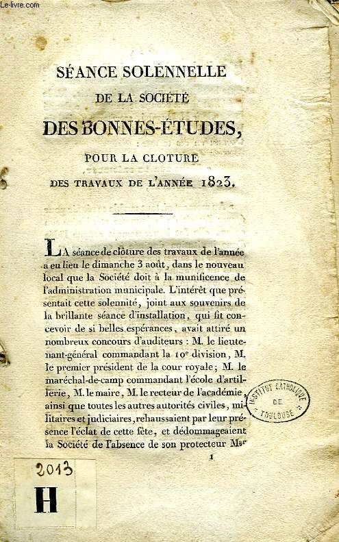 SEANCE SOLENNELLE DE LA SOCIETE DES BONNES-ETUDES POUR LA CLOTURE DES TRAVAUX DE L'ANNEE 1823