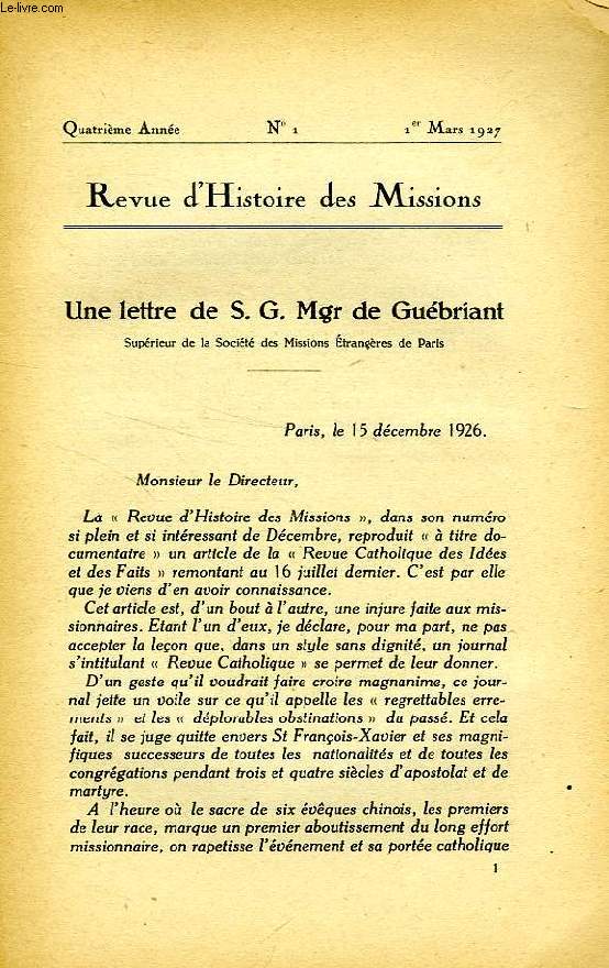 REVUE D'HISTOIRE DES MISSIONS, 4e ANNEE, N 1, MARS 1927