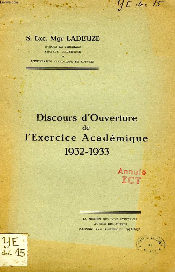 DISCOURS D'OUVERTURE DE L'EXERCICE ACADEMIQUE 1932-1933
