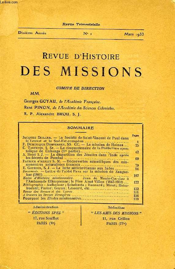 REVUE D'HISTOIRE DES MISSIONS, 10e ANNEE, N 1, MARS 1933